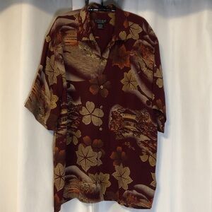 Citron Santa Monica silk shirt large Asian theme burgundy gold orange